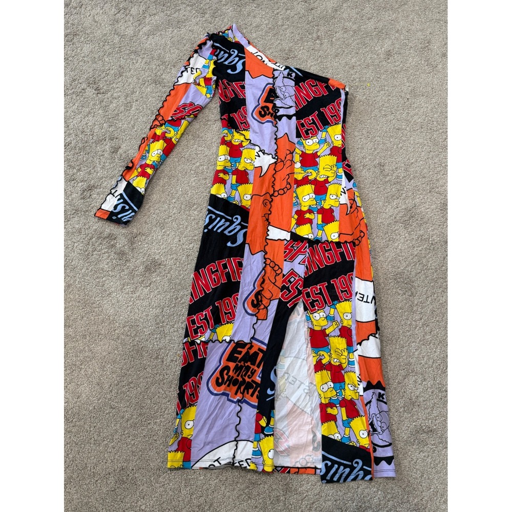 H&M Divided The‎ Simpsons One Shoulder Midi Dress Multicolor Graphic Print Sz M